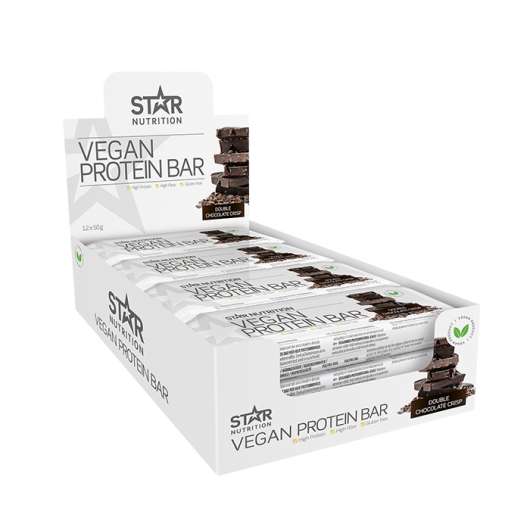 12 x Vegan Protein bar, 50 g, Double chocolate crisp - Kort Datum