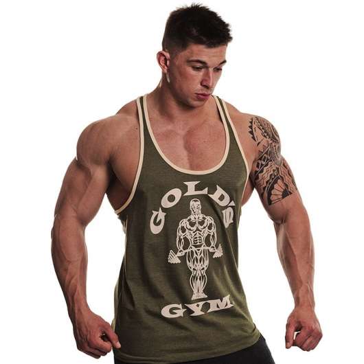 Golds Gym Muscle Joe Contrast String Vest, Army/White